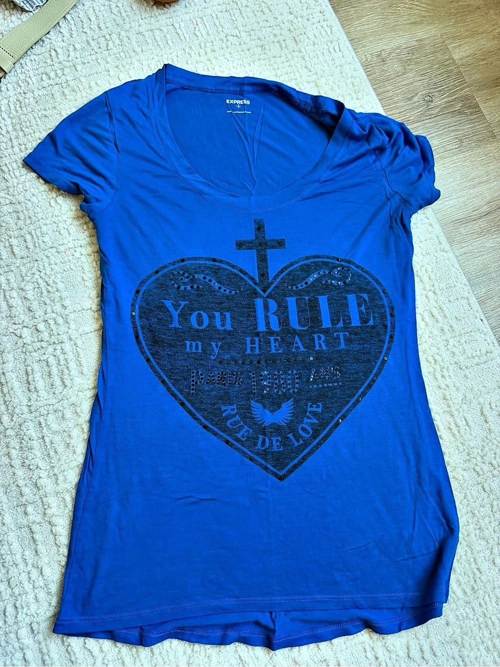 Express You Rule My Heart Graphic Tee Blue Size Small